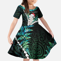 New Zealand Personalised Kid Short Sleeve Dress Meri Kirihimete Kowhaiwhai Mix Paua Shell - Emerald LT7 KID Green - Polynesian Pride