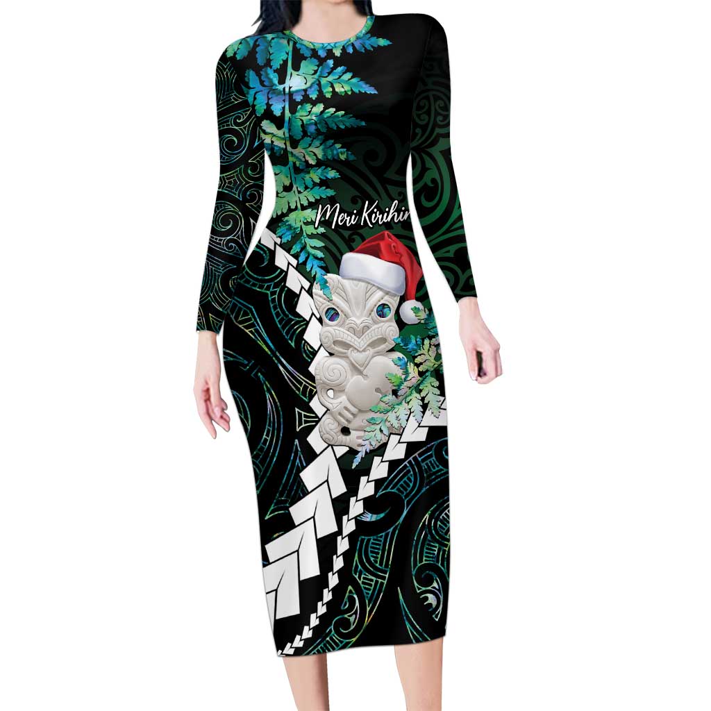 New Zealand Personalised Long Sleeve Bodycon Dress Meri Kirihimete Kowhaiwhai Mix Paua Shell - Emerald