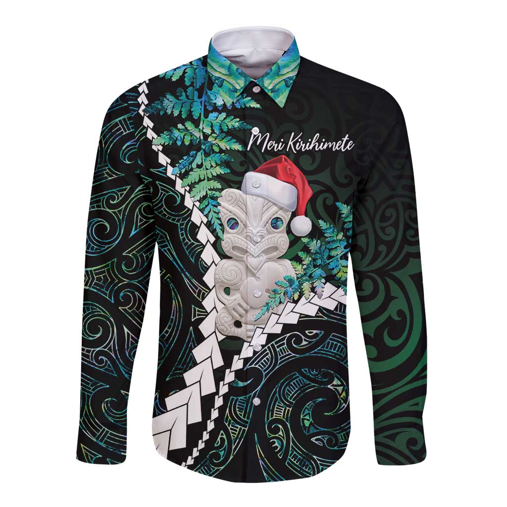 New Zealand Personalised Long Sleeve Button Shirt Meri Kirihimete Kowhaiwhai Mix Paua Shell - Emerald LT7 Unisex Green - Polynesian Pride