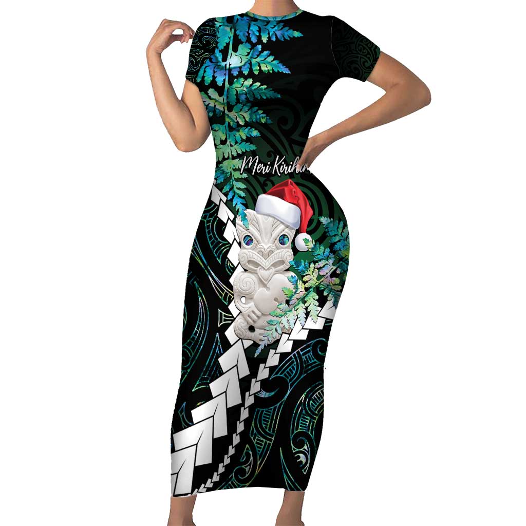 New Zealand Personalised Short Sleeve Bodycon Dress Meri Kirihimete Kowhaiwhai Mix Paua Shell - Emerald LT7 Long Dress Green - Polynesian Pride