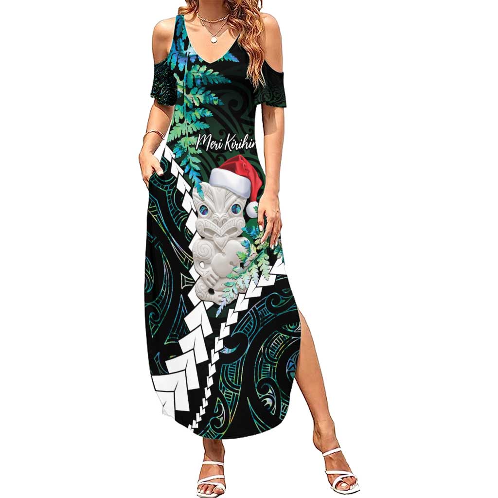 New Zealand Personalised Summer Maxi Dress Meri Kirihimete Kowhaiwhai Mix Paua Shell - Emerald LT7 Women Green - Polynesian Pride