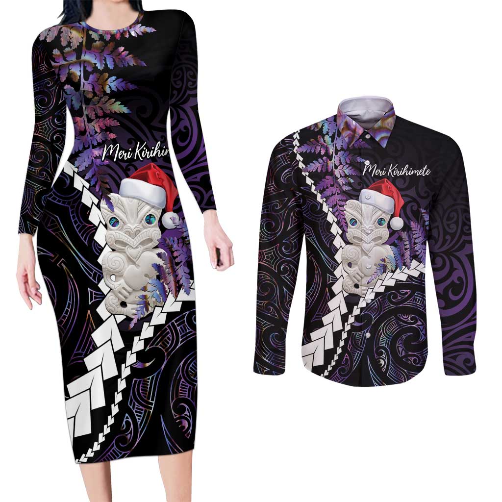 New Zealand Personalised Couples Matching Long Sleeve Bodycon Dress and Long Sleeve Button Shirt Meri Kirihimete Kowhaiwhai Mix Paua Shell - Amethys