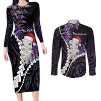 New Zealand Personalised Couples Matching Long Sleeve Bodycon Dress and Long Sleeve Button Shirt Meri Kirihimete Kowhaiwhai Mix Paua Shell - Amethys