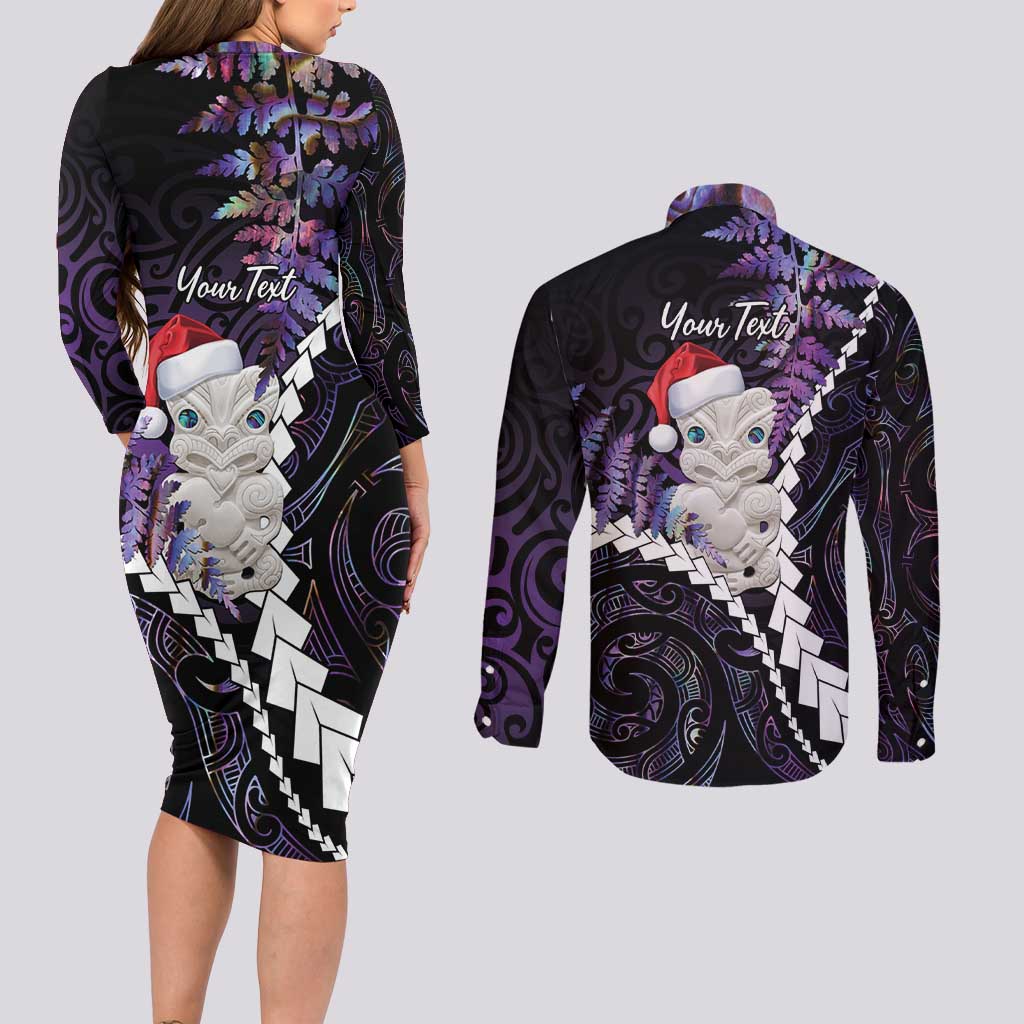 New Zealand Personalised Couples Matching Long Sleeve Bodycon Dress and Long Sleeve Button Shirt Meri Kirihimete Kowhaiwhai Mix Paua Shell - Amethys