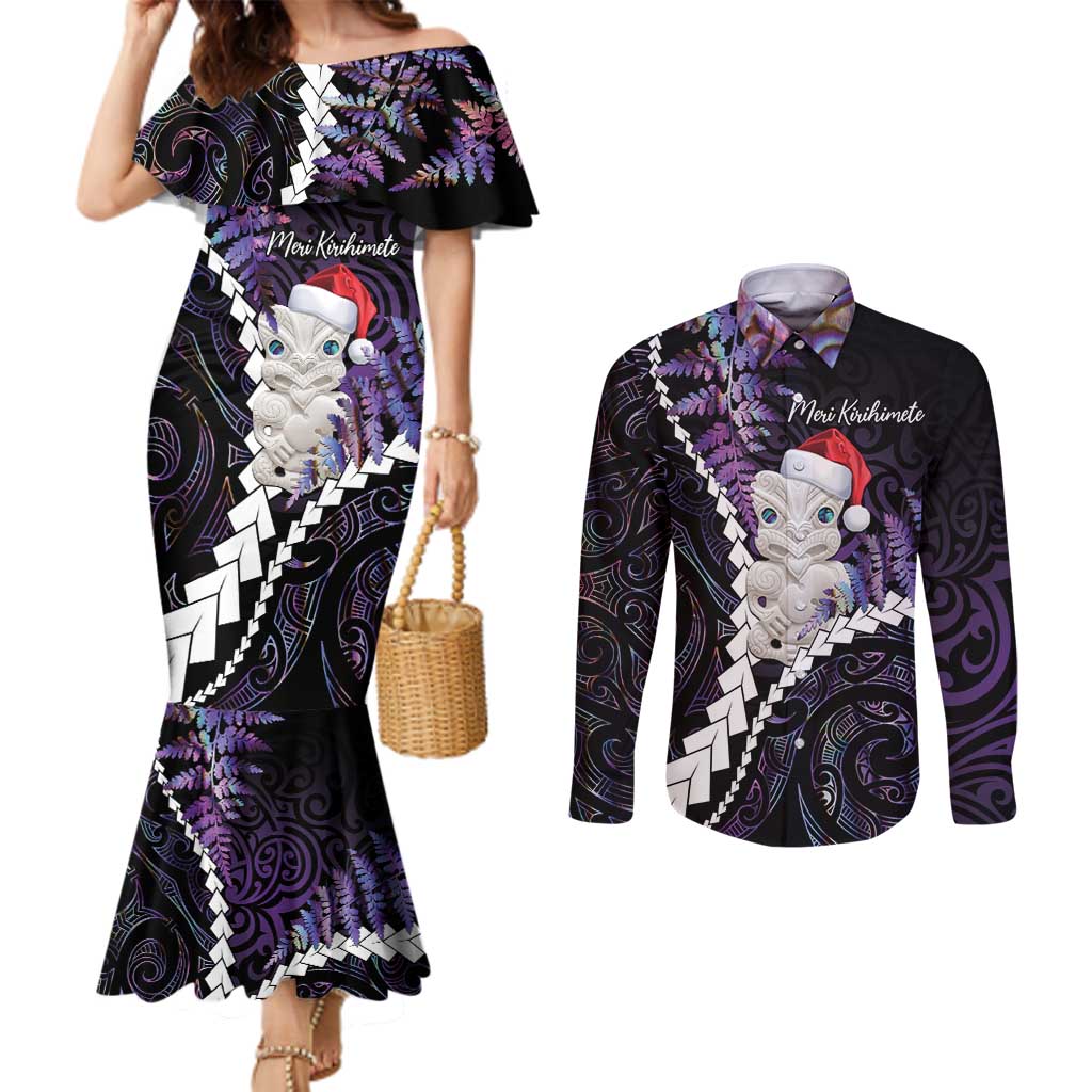 New Zealand Personalised Couples Matching Mermaid Dress and Long Sleeve Button Shirt Meri Kirihimete Kowhaiwhai Mix Paua Shell - Amethys