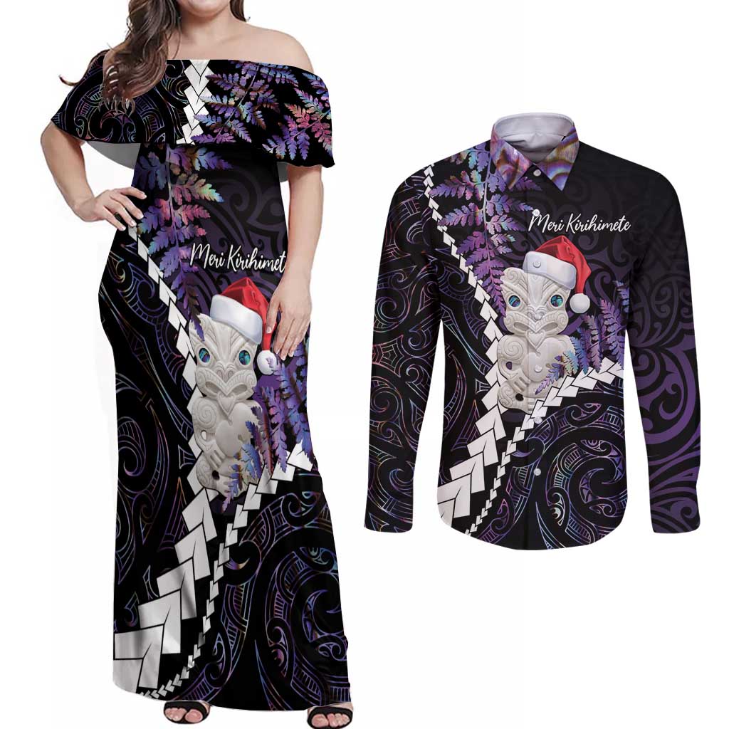 New Zealand Personalised Couples Matching Off Shoulder Maxi Dress and Long Sleeve Button Shirt Meri Kirihimete Kowhaiwhai Mix Paua Shell - Amethys