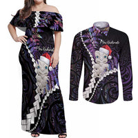 New Zealand Personalised Couples Matching Off Shoulder Maxi Dress and Long Sleeve Button Shirt Meri Kirihimete Kowhaiwhai Mix Paua Shell - Amethys