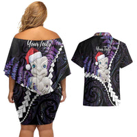 New Zealand Personalised Couples Matching Off Shoulder Short Dress and Hawaiian Shirt Meri Kirihimete Kowhaiwhai Mix Paua Shell - Amethys