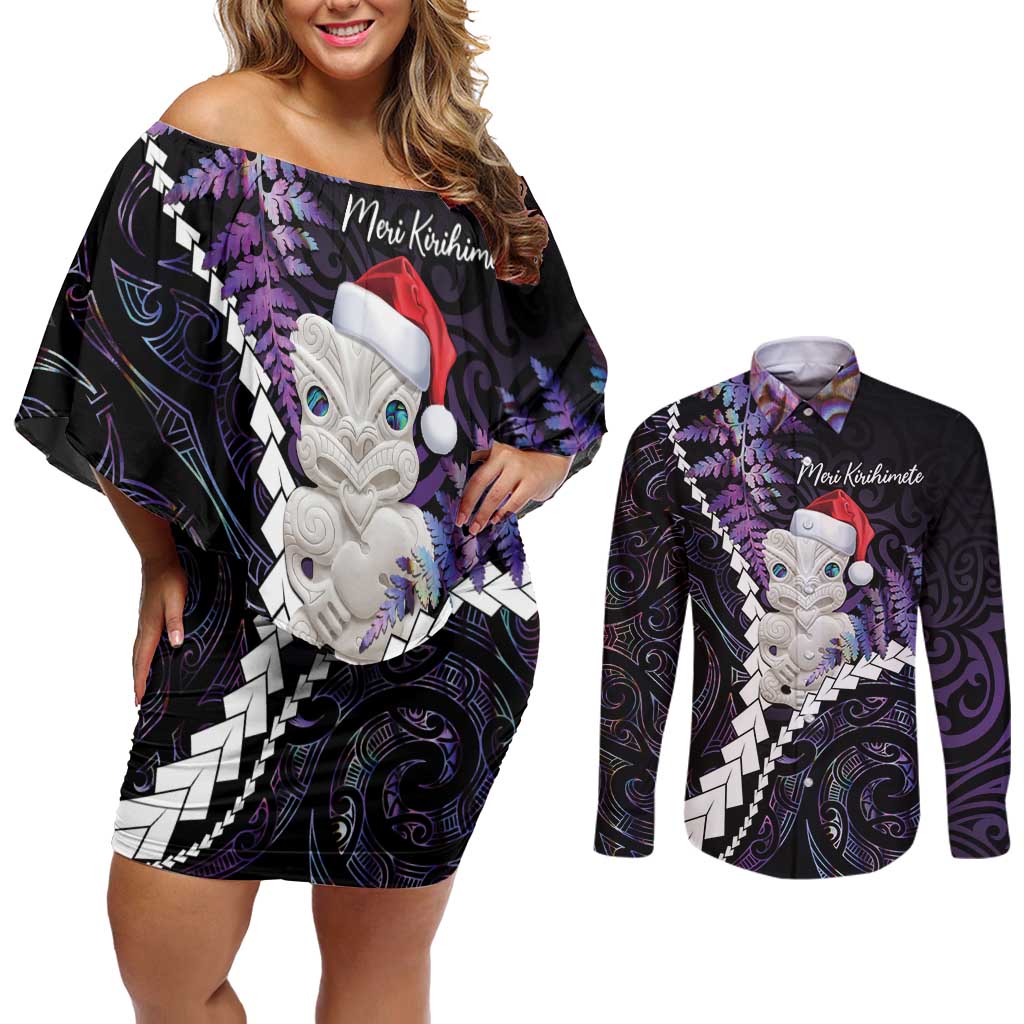 New Zealand Personalised Couples Matching Off Shoulder Short Dress and Long Sleeve Button Shirt Meri Kirihimete Kowhaiwhai Mix Paua Shell - Amethys