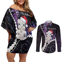 New Zealand Personalised Couples Matching Off Shoulder Short Dress and Long Sleeve Button Shirt Meri Kirihimete Kowhaiwhai Mix Paua Shell - Amethys