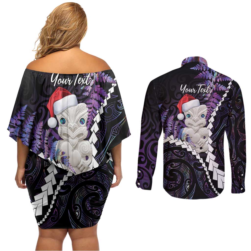 New Zealand Personalised Couples Matching Off Shoulder Short Dress and Long Sleeve Button Shirt Meri Kirihimete Kowhaiwhai Mix Paua Shell - Amethys