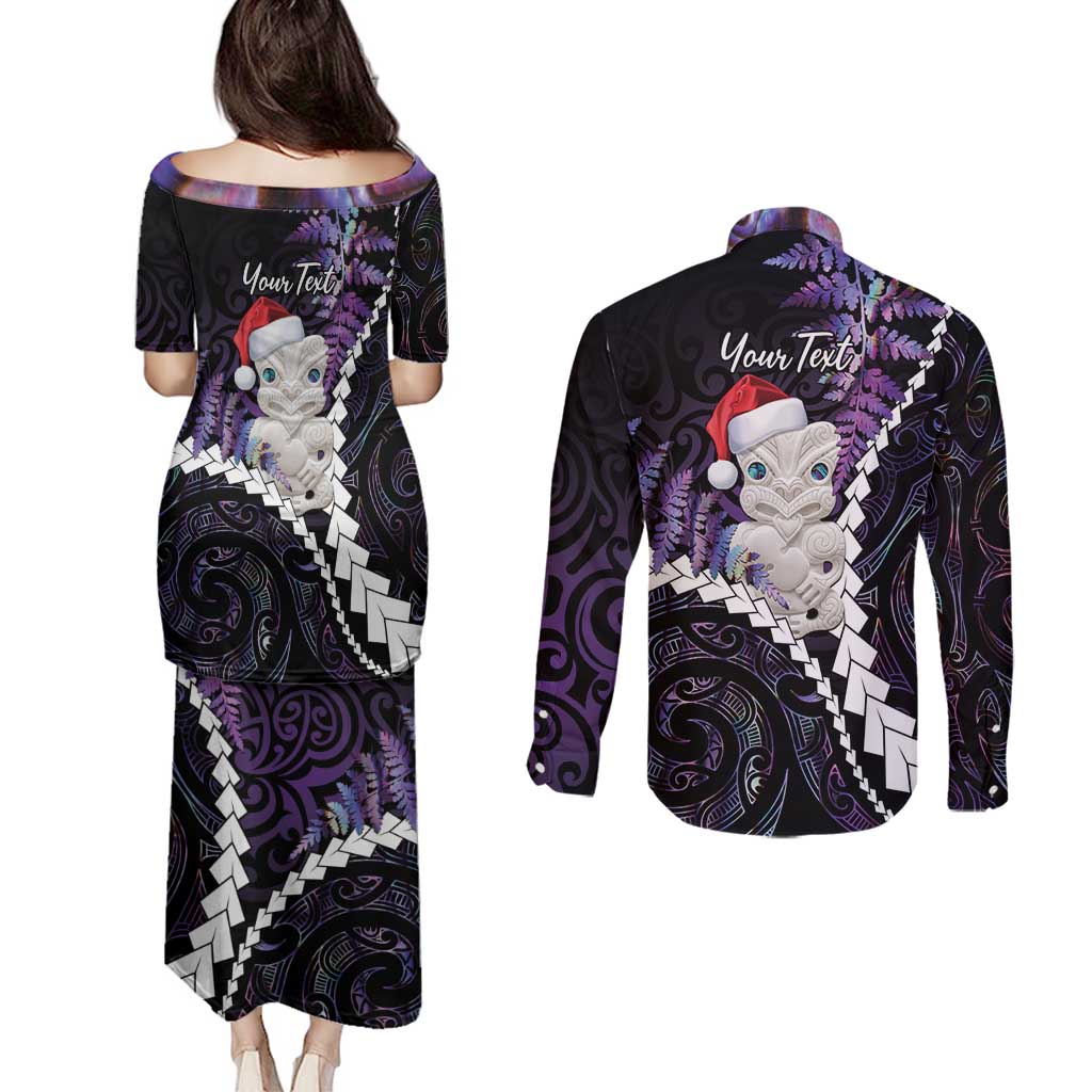 New Zealand Personalised Couples Matching Puletasi and Long Sleeve Button Shirt Meri Kirihimete Kowhaiwhai Mix Paua Shell - Amethys