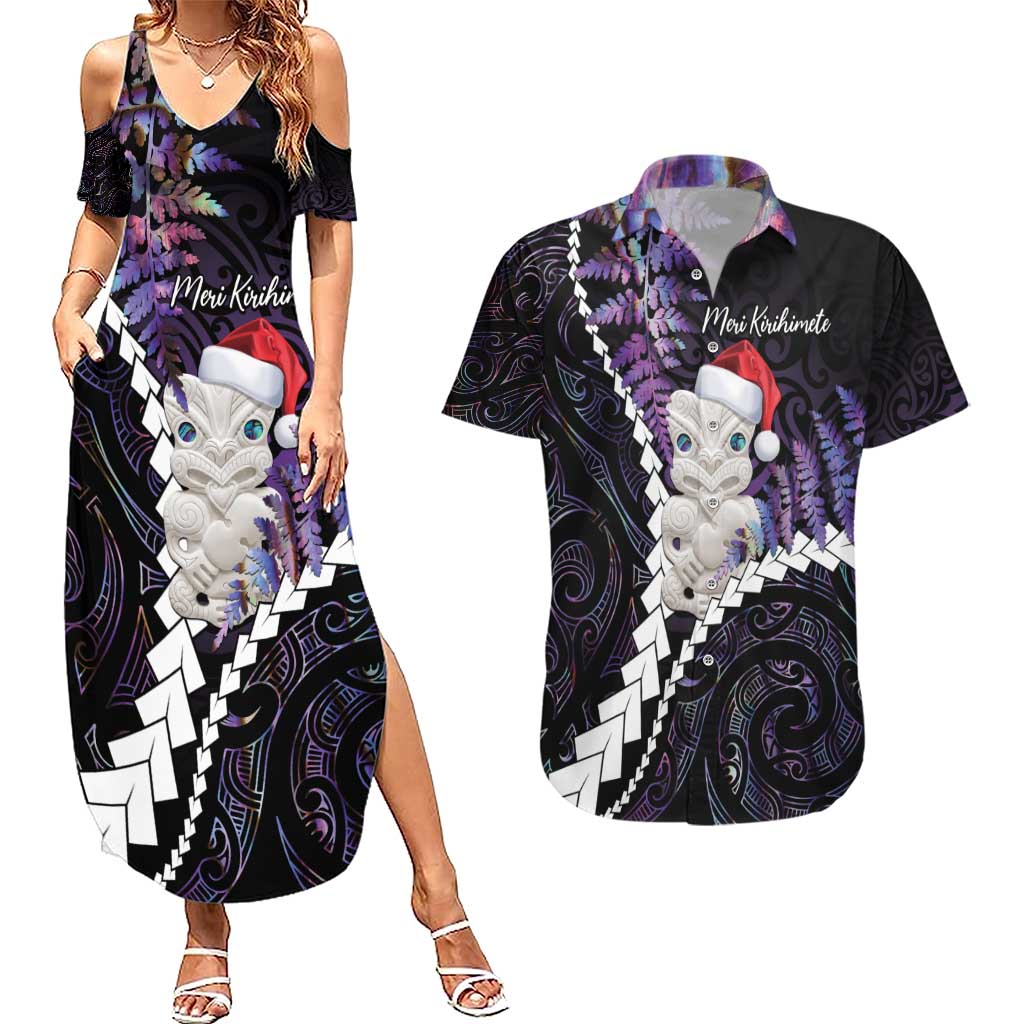 New Zealand Personalised Couples Matching Summer Maxi Dress and Hawaiian Shirt Meri Kirihimete Kowhaiwhai Mix Paua Shell - Amethys