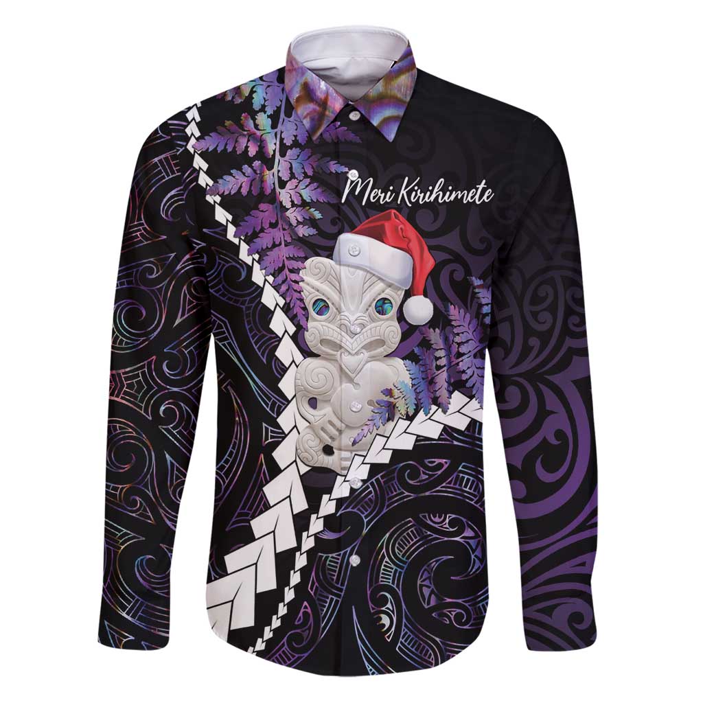 New Zealand Personalised Family Matching Puletasi and Hawaiian Shirt Meri Kirihimete Kowhaiwhai Mix Paua Shell - Amethys LT7 Dad's Shirt - Long Sleeve Purple - Polynesian Pride