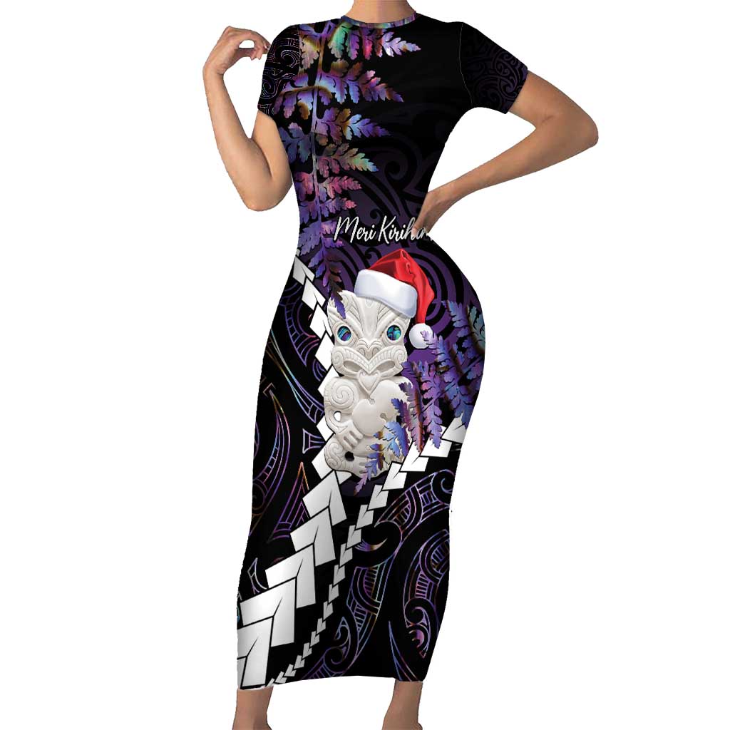 New Zealand Personalised Family Matching Short Sleeve Bodycon Dress and Hawaiian Shirt Meri Kirihimete Kowhaiwhai Mix Paua Shell - Amethys