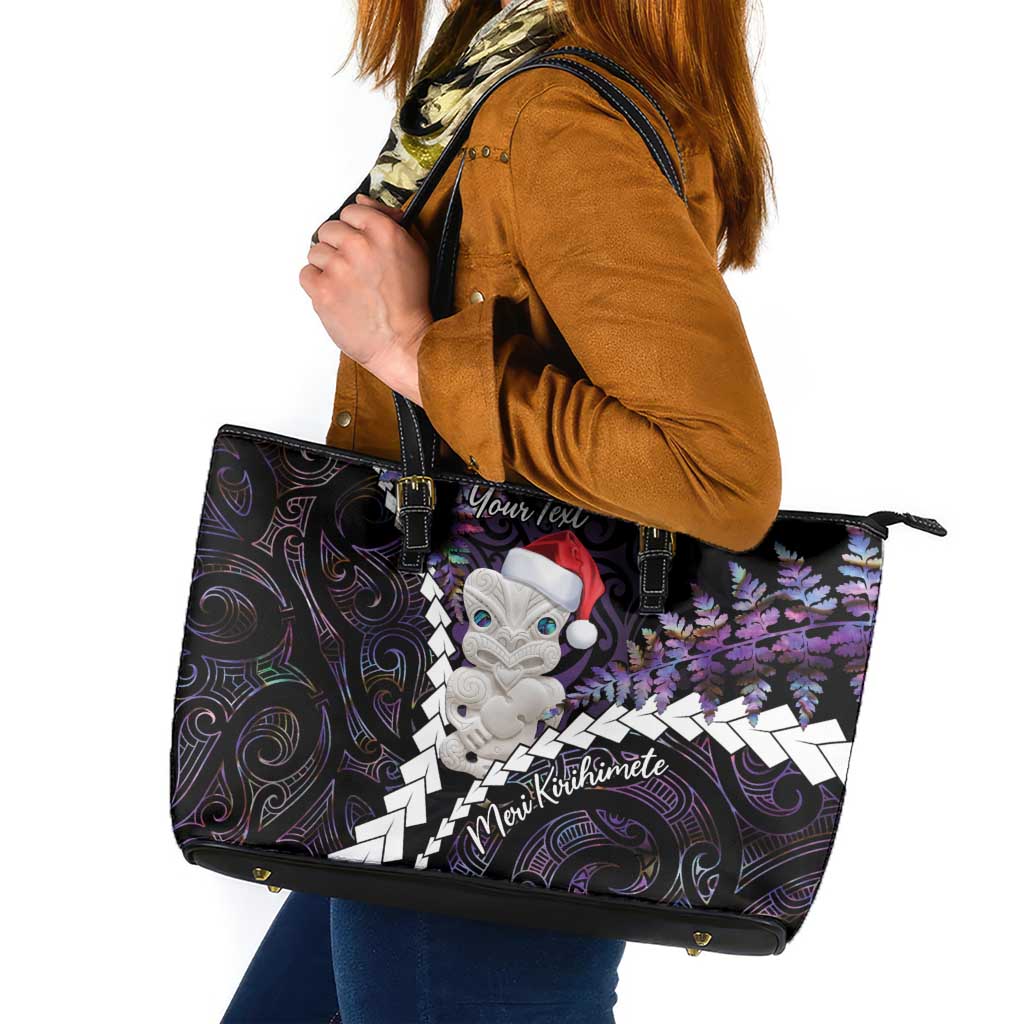 New Zealand Personalised Leather Tote Bag Meri Kirihimete Kowhaiwhai Mix Paua Shell - Amethys LT7 Purple - Polynesian Pride