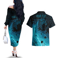 Polynesian Shark Couples Matching Off The Shoulder Long Sleeve Dress and Hawaiian Shirt Under The Waves LT7 - Polynesian Pride
