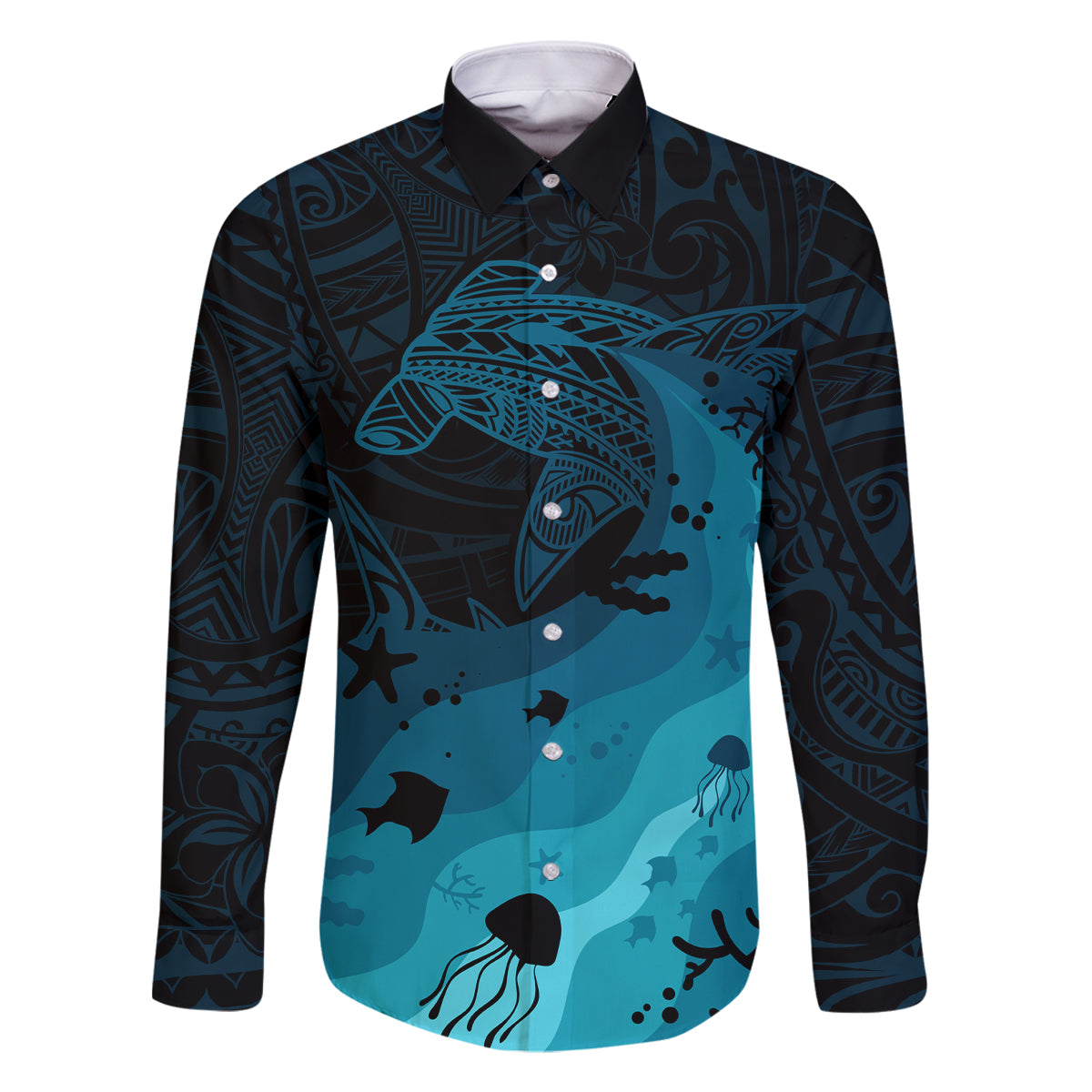 Polynesian Shark Family Matching Off Shoulder Short Dress and Hawaiian Shirt Under The Waves LT7 Dad's Shirt - Long Sleeve Dark Blue - Polynesian Pride