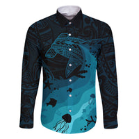 Polynesian Shark Family Matching Off Shoulder Short Dress and Hawaiian Shirt Under The Waves LT7 Dad's Shirt - Long Sleeve Dark Blue - Polynesian Pride