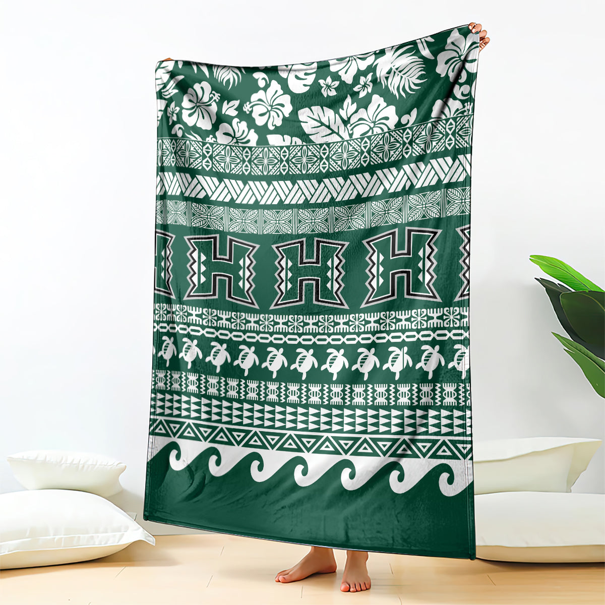 Hawaii Rainbow Warriors Christmas Blanket Kakau Motifs LT7 Green - Polynesian Pride