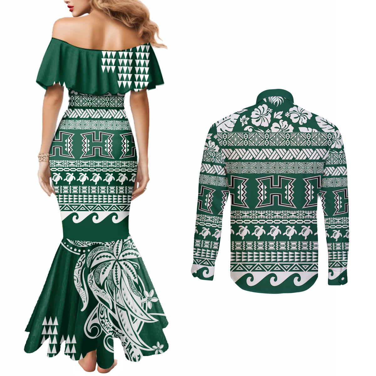 Hawaii Rainbow Warriors Christmas Couples Matching Mermaid Dress and Long Sleeve Button Shirt Kakau Motifs LT7 - Polynesian Pride
