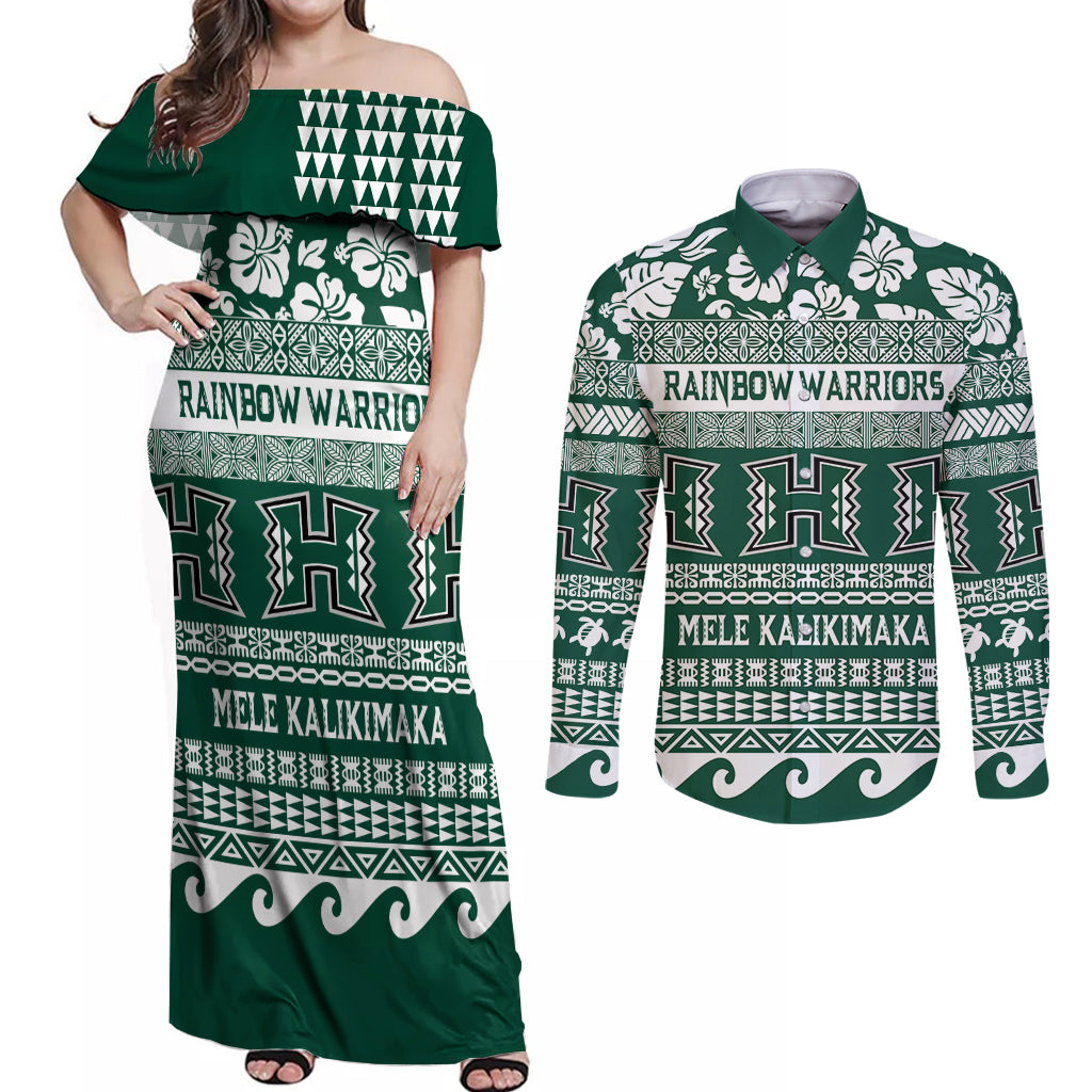 Hawaii Rainbow Warriors Christmas Couples Matching Off Shoulder Maxi Dress and Long Sleeve Button Shirt Kakau Motifs LT7 Green - Polynesian Pride
