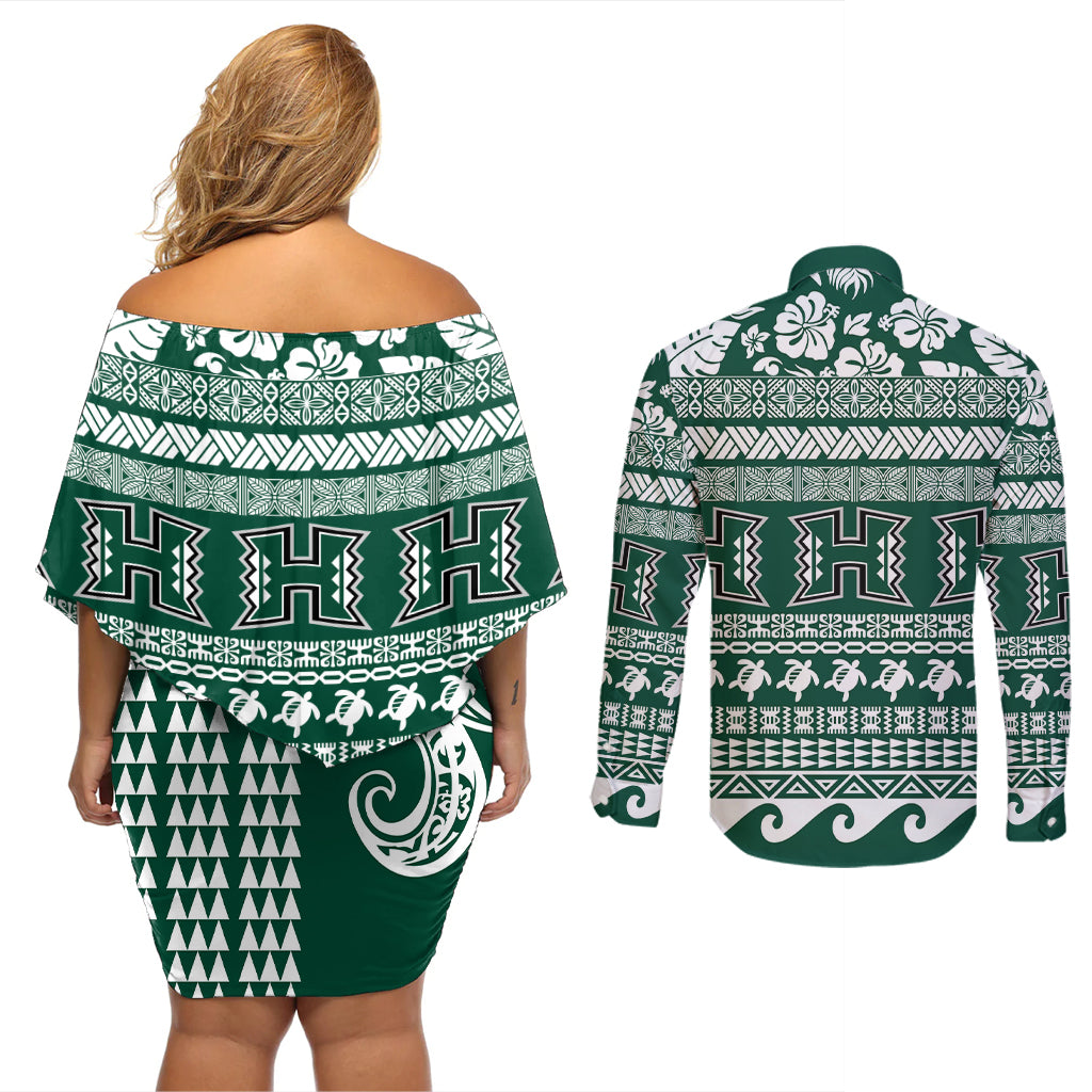 Hawaii Rainbow Warriors Christmas Couples Matching Off Shoulder Short Dress and Long Sleeve Button Shirt Kakau Motifs LT7 - Polynesian Pride