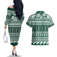 Hawaii Rainbow Warriors Christmas Couples Matching Off The Shoulder Long Sleeve Dress and Hawaiian Shirt Kakau Motifs LT7 - Polynesian Pride