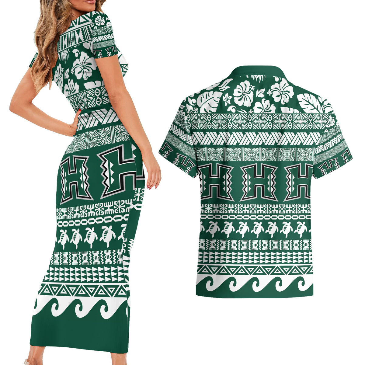Hawaii Rainbow Warriors Christmas Couples Matching Short Sleeve Bodycon Dress and Hawaiian Shirt Kakau Motifs LT7 - Polynesian Pride