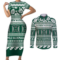 Hawaii Rainbow Warriors Christmas Couples Matching Short Sleeve Bodycon Dress and Long Sleeve Button Shirt Kakau Motifs LT7 Green - Polynesian Pride
