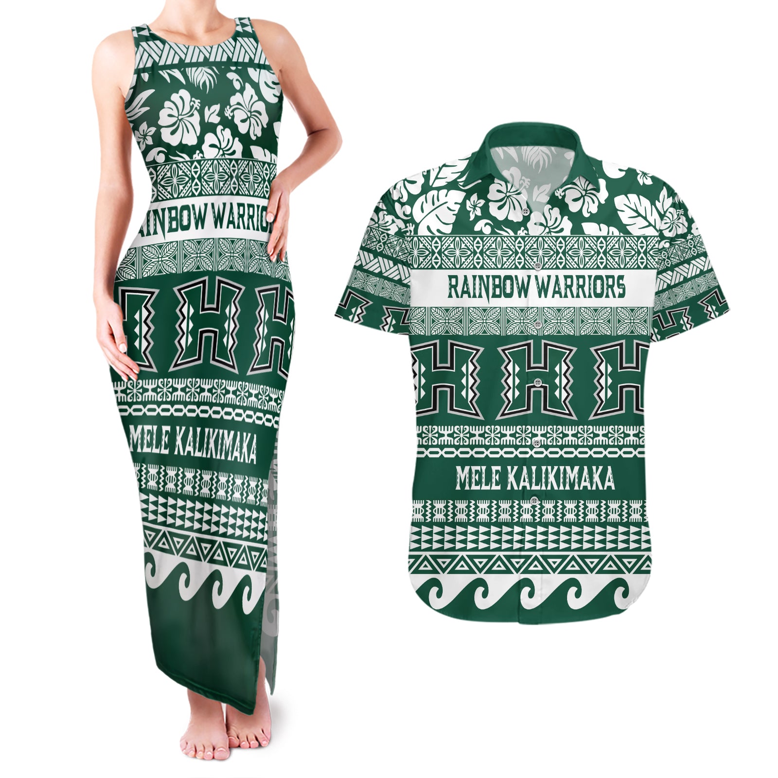 Hawaii Rainbow Warriors Christmas Couples Matching Tank Maxi Dress and Hawaiian Shirt Kakau Motifs LT7 Green - Polynesian Pride