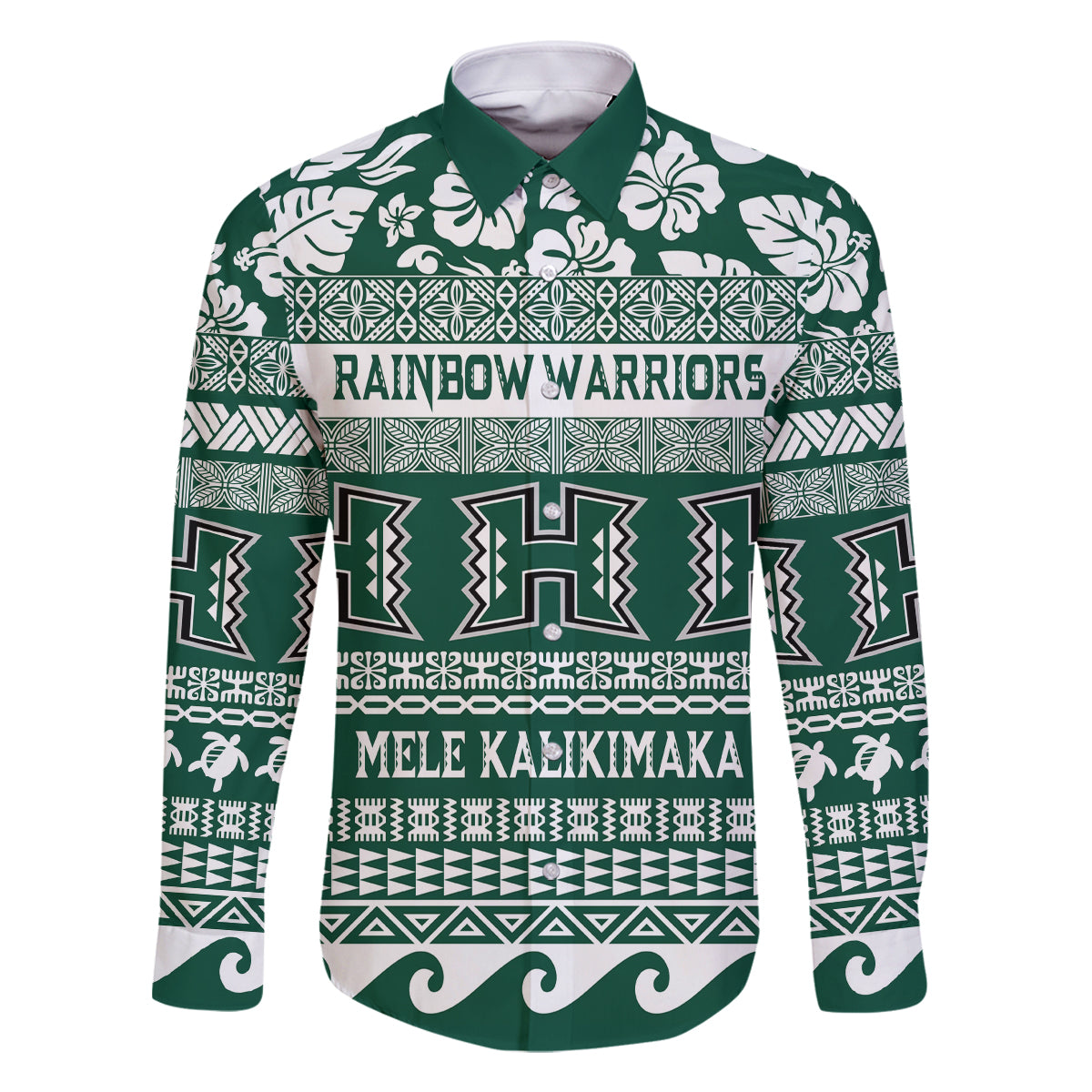 Hawaii Rainbow Warriors Christmas Family Matching Off Shoulder Maxi Dress and Hawaiian Shirt Kakau Motifs LT7 Dad's Shirt - Long Sleeve Green - Polynesian Pride