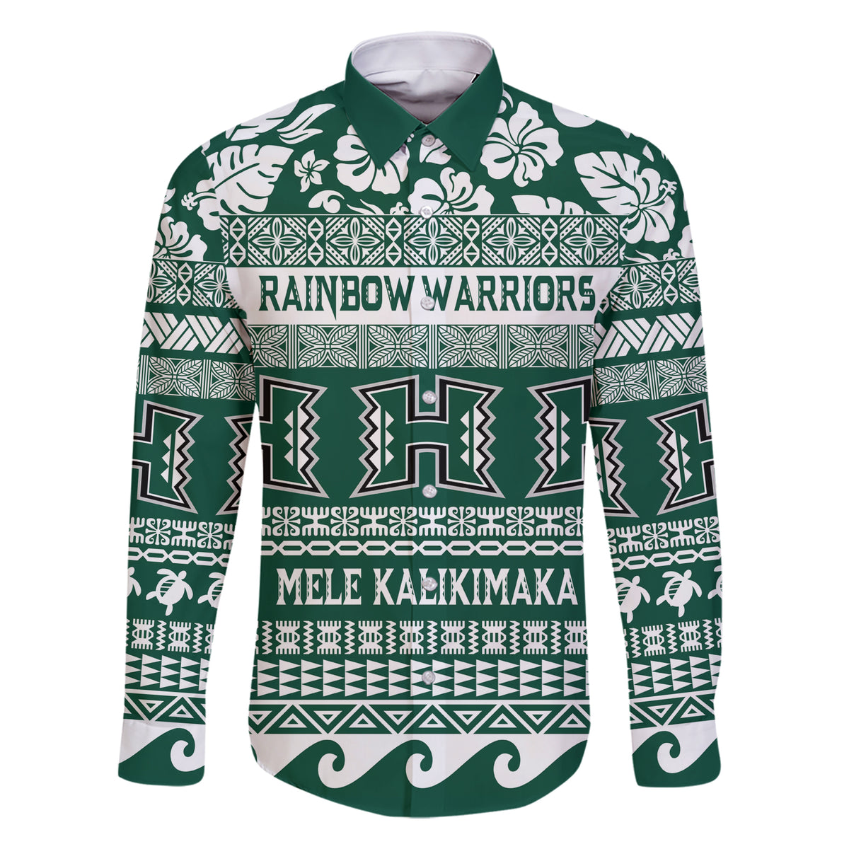 Hawaii Rainbow Warriors Christmas Family Matching Short Sleeve Bodycon Dress and Hawaiian Shirt Kakau Motifs LT7 Dad's Shirt - Long Sleeve Green - Polynesian Pride