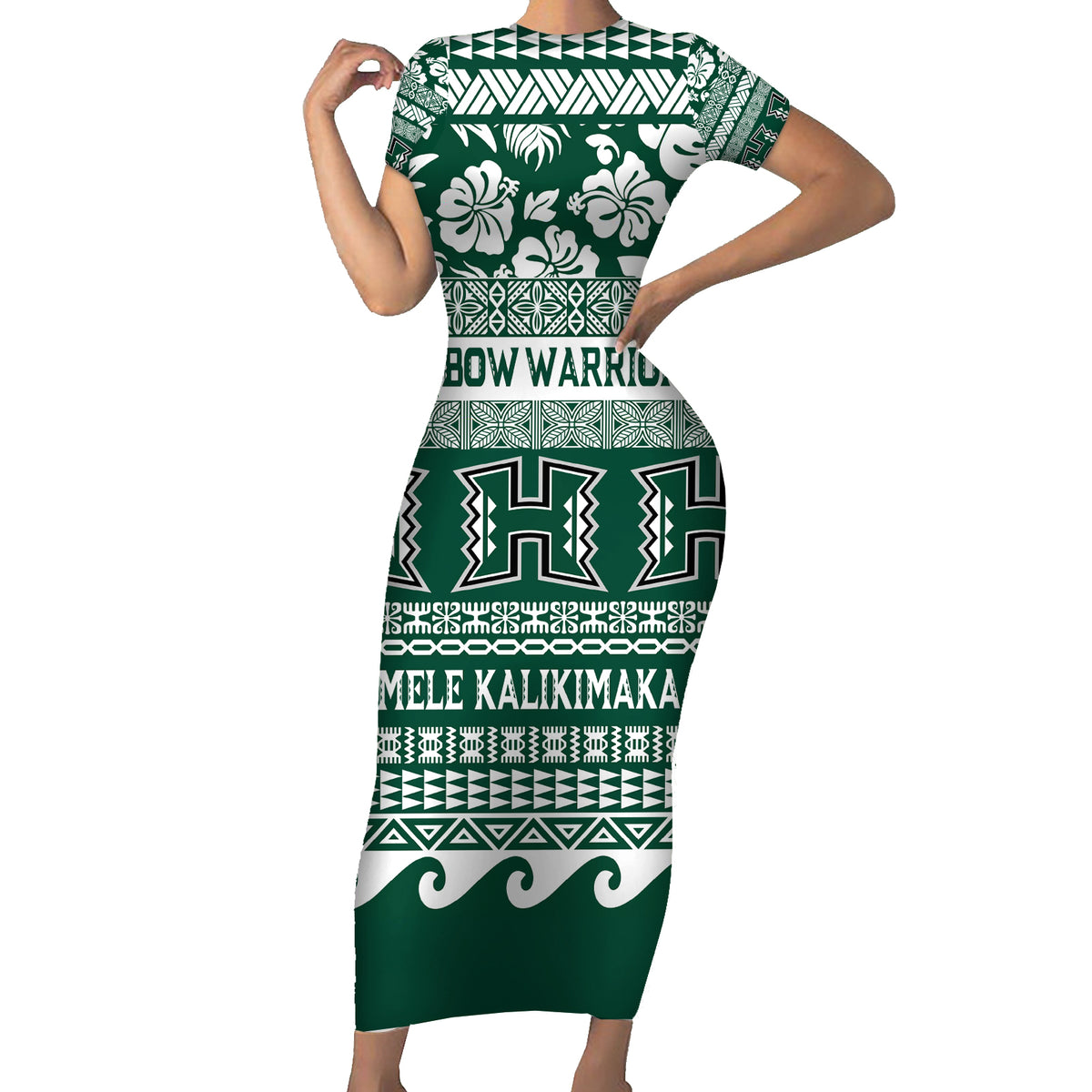 Hawaii Rainbow Warriors Christmas Family Matching Short Sleeve Bodycon Dress and Hawaiian Shirt Kakau Motifs LT7 Mom's Dress Green - Polynesian Pride