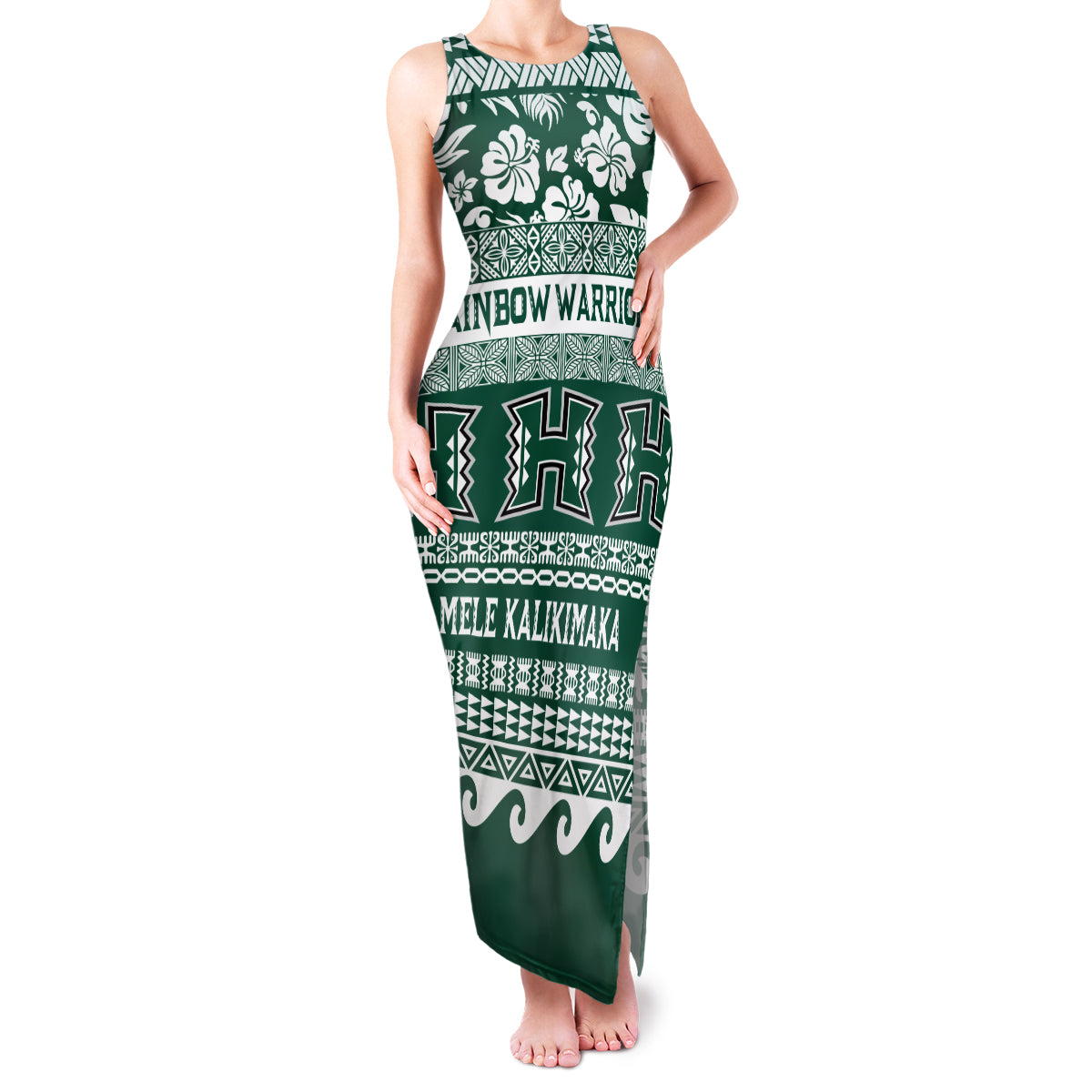 Hawaii Rainbow Warriors Christmas Family Matching Tank Maxi Dress and Hawaiian Shirt Kakau Motifs LT7 Mom's Dress Green - Polynesian Pride