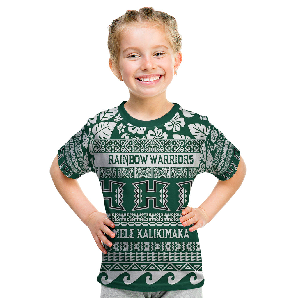 Hawaii Rainbow Warriors Christmas Kid T Shirt Kakau Motifs LT7 Green - Polynesian Pride