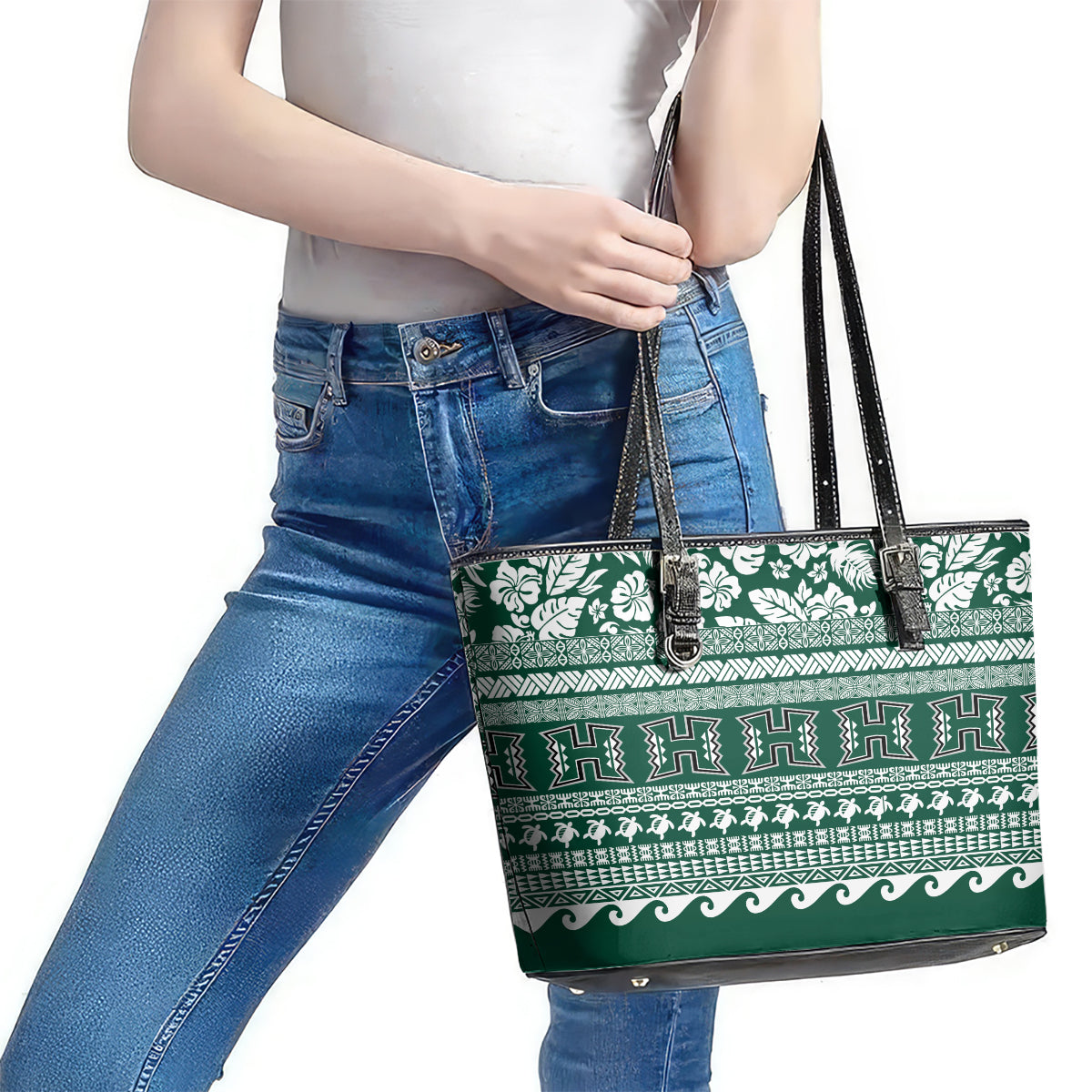 Hawaii Rainbow Warriors Christmas Leather Tote Bag Kakau Motifs LT7 - Polynesian Pride