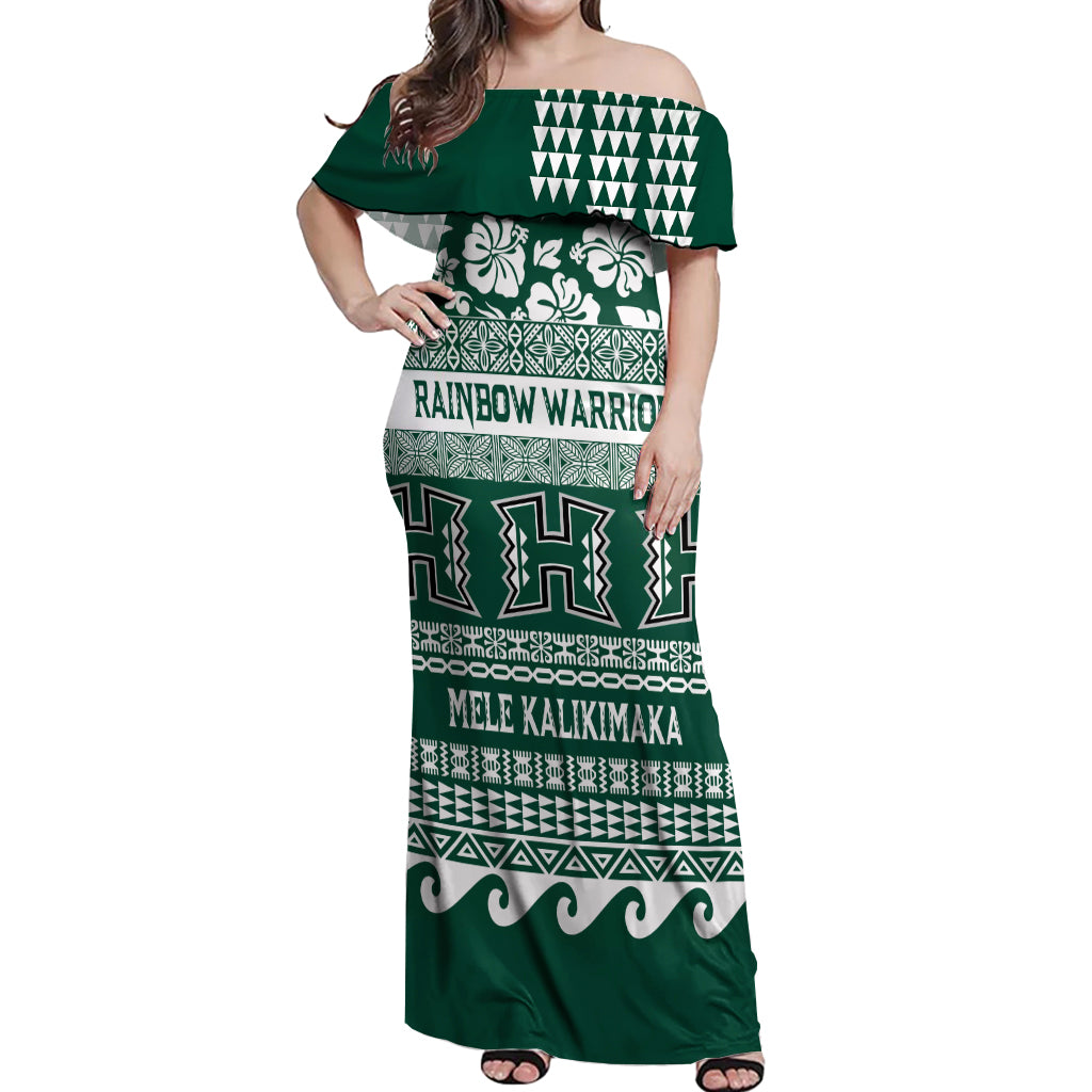 Hawaii Rainbow Warriors Christmas Off Shoulder Maxi Dress Kakau Motifs LT7 Women Green - Polynesian Pride