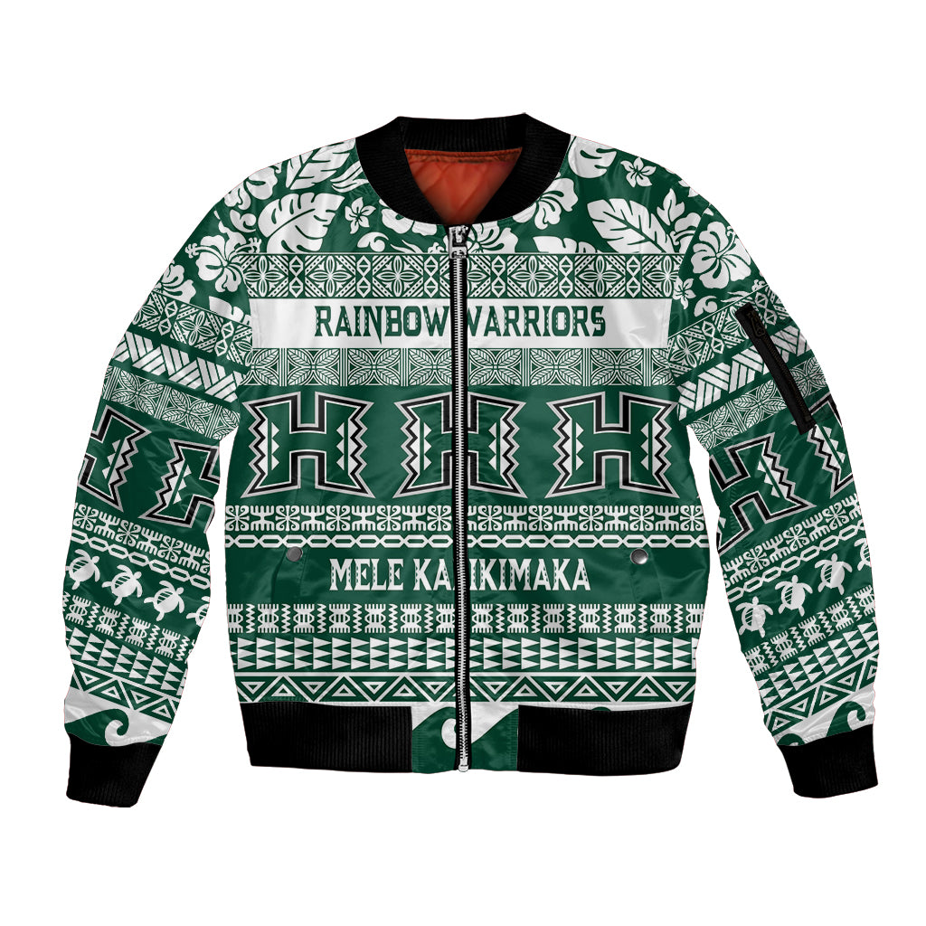 Hawaii Rainbow Warriors Christmas Sleeve Zip Bomber Jacket Kakau Motifs LT7 Unisex Green - Polynesian Pride