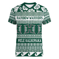 Hawaii Rainbow Warriors Christmas Women V Neck T Shirt Kakau Motifs LT7 Female Green - Polynesian Pride