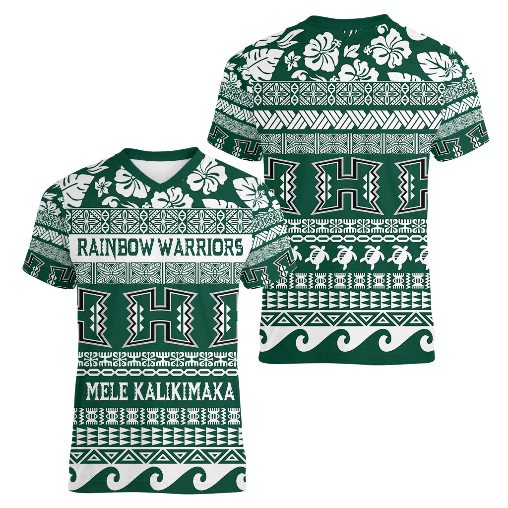 Hawaii Rainbow Warriors Christmas Women V Neck T Shirt Kakau Motifs LT7 - Polynesian Pride