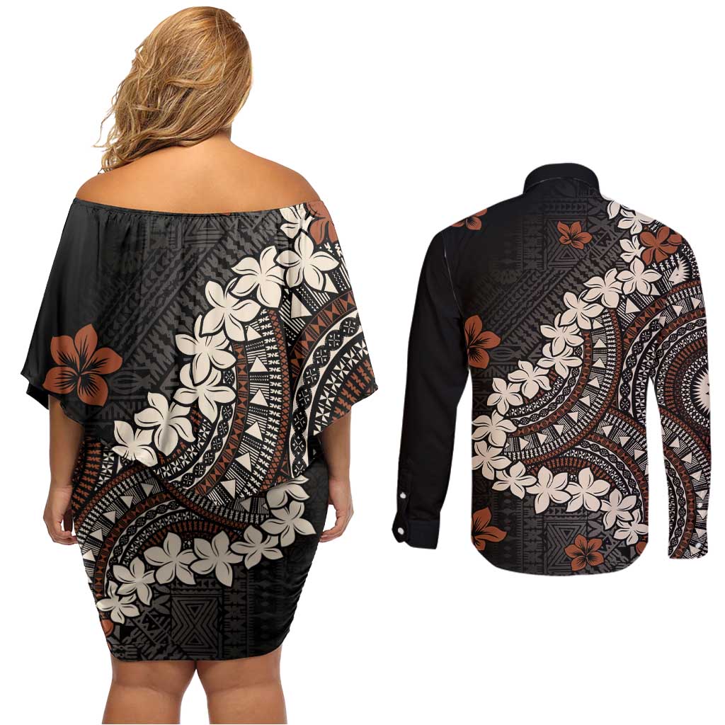 Bula Fiji Women's Day Couples Matching Off Shoulder Short Dress and Long Sleeve Button Shirt Classic Masi Tapa