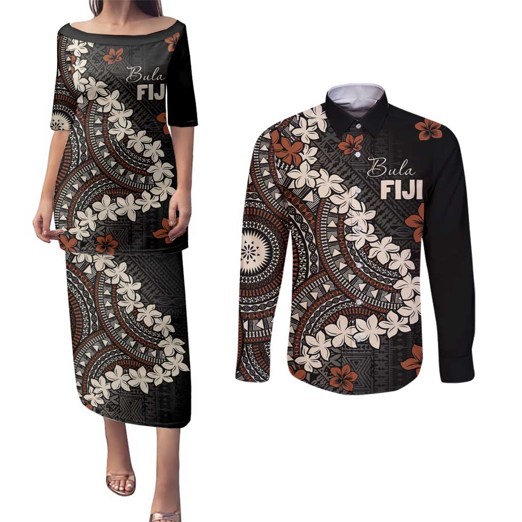Bula Fiji Women's Day Couples Matching Puletasi and Long Sleeve Button Shirt Classic Masi Tapa