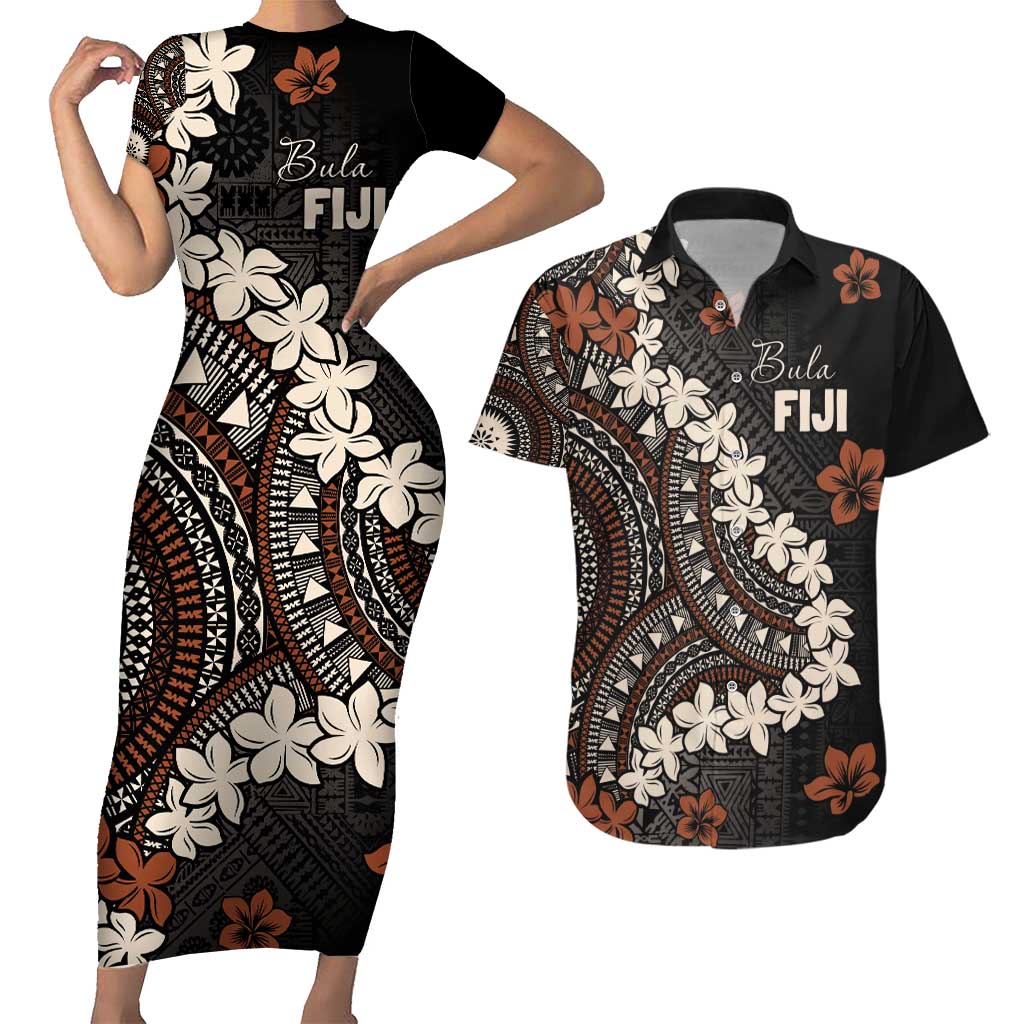 Bula Fiji Women's Day Couples Matching Short Sleeve Bodycon Dress and Hawaiian Shirt Classic Masi Tapa
