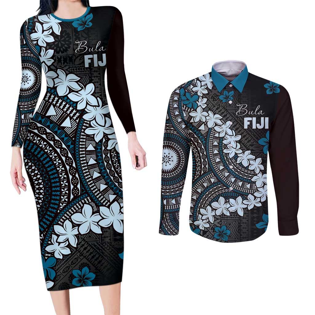 Bula Fiji Women's Day Couples Matching Long Sleeve Bodycon Dress and Long Sleeve Button Shirt Indigo Masi Tapa LT7 Indigo - Polynesian Pride