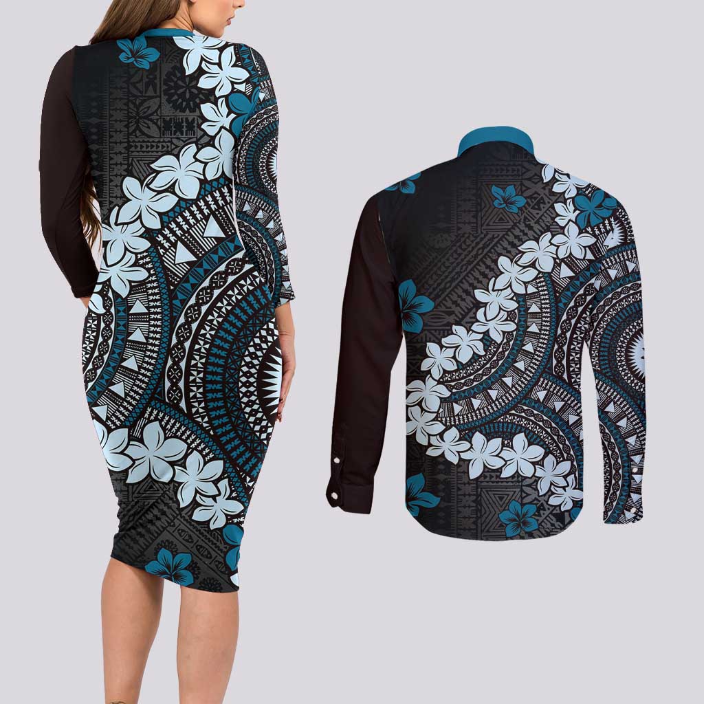 Bula Fiji Women's Day Couples Matching Long Sleeve Bodycon Dress and Long Sleeve Button Shirt Indigo Masi Tapa LT7 - Polynesian Pride