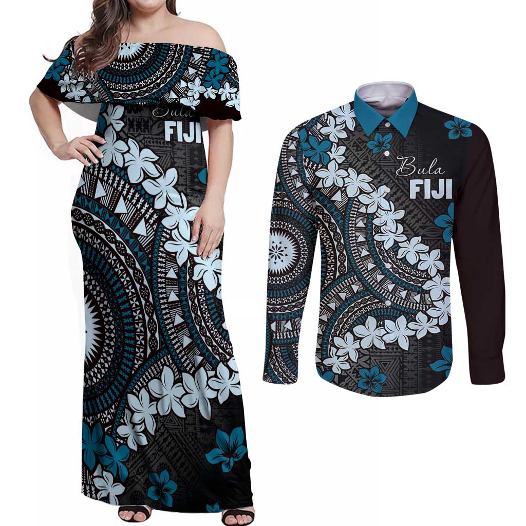 Bula Fiji Women's Day Couples Matching Off Shoulder Maxi Dress and Long Sleeve Button Shirt Indigo Masi Tapa
