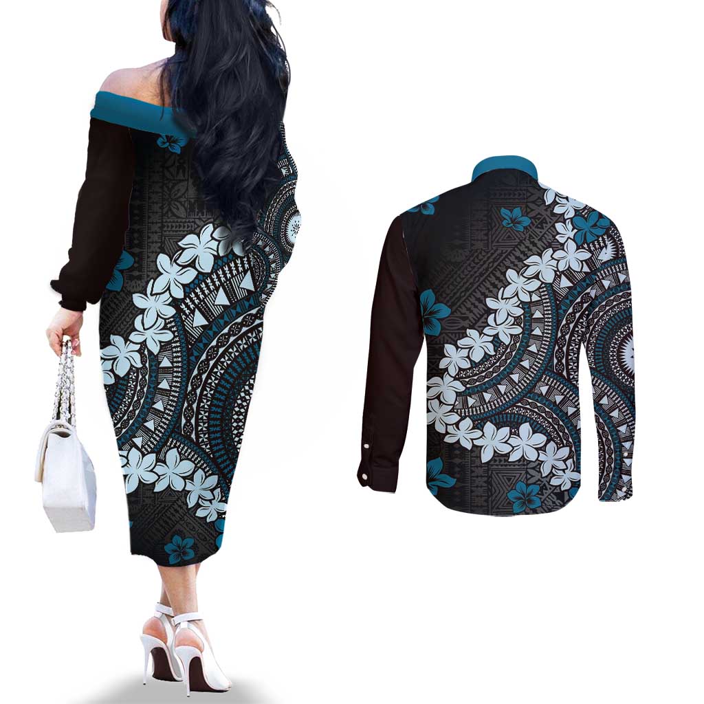 Bula Fiji Women's Day Couples Matching Off The Shoulder Long Sleeve Dress and Long Sleeve Button Shirt Indigo Masi Tapa LT7 - Polynesian Pride