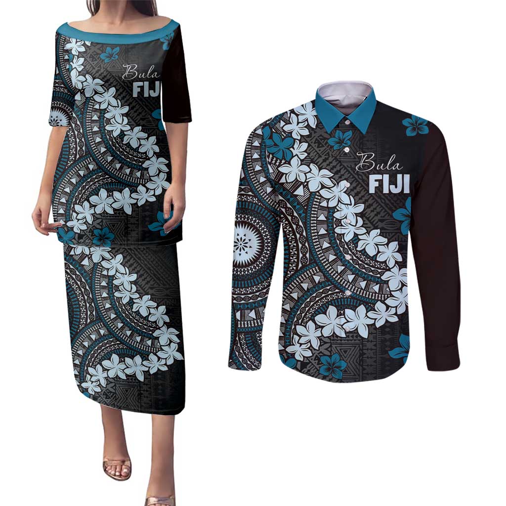 Bula Fiji Women's Day Couples Matching Puletasi and Long Sleeve Button Shirt Indigo Masi Tapa