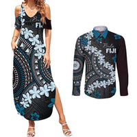 Bula Fiji Women's Day Couples Matching Summer Maxi Dress and Long Sleeve Button Shirt Indigo Masi Tapa LT7 Indigo - Polynesian Pride